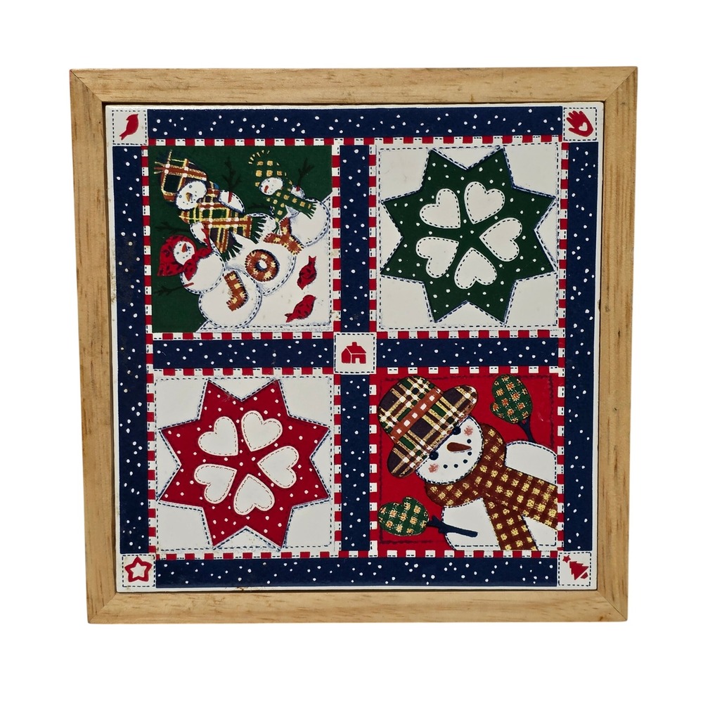 Vintage Himgres Ceramic Tile Framed Wall Art Christmas Snowman Trivet Folk Art